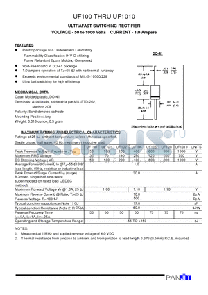 UF100 datasheet - ULTRAFAST SWITCHING RECTIFIER(VOLTAGE - 50 to 1000 Volts CURRENT - 1.0 Ampere)
