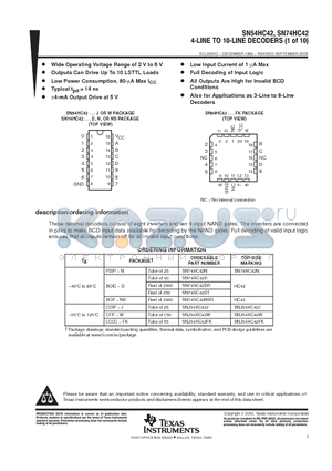 SN74HC42DR datasheet - 4-LINE TO 10-LINE DECODERS (1 OF 10)