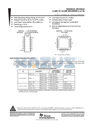 SN74HC42D datasheet - 4-LINE TO 10-LINE DECODERS (1 OF 10)