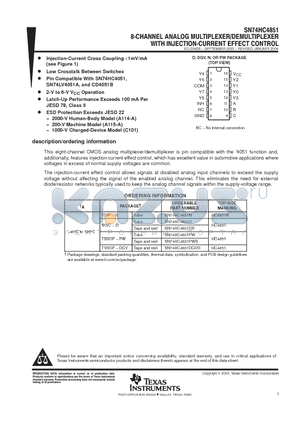 SN74HC4851PWR datasheet - 8 CHANNEL ANALOG MULTIPLEXER/DEMUILTIPLEXER WITH INJECTION CURRENT EFFECT CONTROL