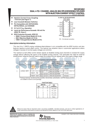 SN74HC4852DE4 datasheet - DUAL 4-TO-1 CHANNEL ANALOG MULTIPLEXER/DEMULTIPLEXER WITH INJECTION-CURRENT EFFECT CONTROL