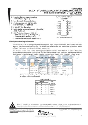 SN74HC4852DGVR datasheet - DUAL 4-TO-1 CHANNEL ANALOG MULTIPLEXER/DEMULTIPLEXER WITH INJECTION-CURRENT EFFECT CONTROL