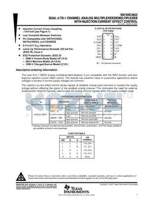 SN74HC4852DGVR datasheet - DUAL 4-TO-1 CHANNEL ANALOG MULTIPLEXER/DEMULTIPLEXER WITH INJECTION-CURRENT EFFECT CONTROL