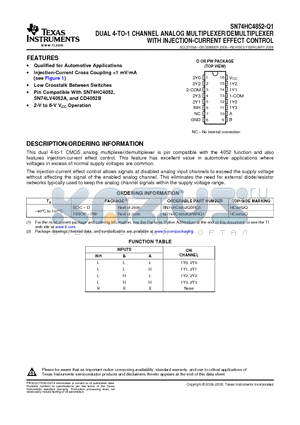 SN74HC4852QPWRQ1 datasheet - DUAL 4-TO-1 CHANNEL ANALOG MULTIPLEXER/DEMULTIPLEXER WITH INJECTION-CURRENT EFFECT CONTROL