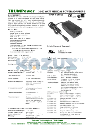 TMP60-T31 datasheet - 30-60 WATT MEDICAL POWER ADAPTERS