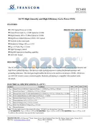 TC1401 datasheet - 0.5 W High Linearity and High Efficiency GaAs Power FETs