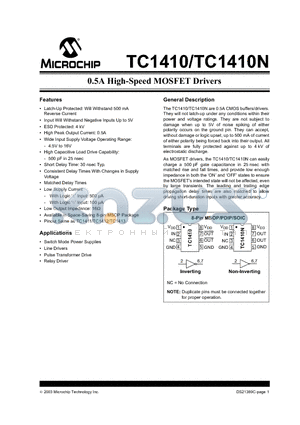 TC1410N datasheet - 0.5A High-Speed MOSFET Drivers