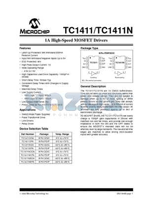 TC1411NCOA datasheet - 1A High-Speed MOSFET Drivers