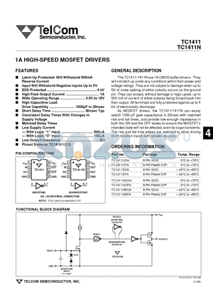 TC1411NCPA datasheet - 1A HIGH-SPEED MOSFET DRIVERS