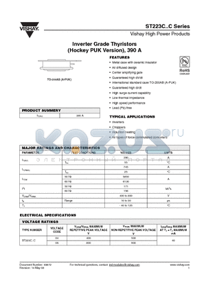 ST223C08CHK3 datasheet - Inverter Grade Thyristors (Hockey PUK Version), 390 A