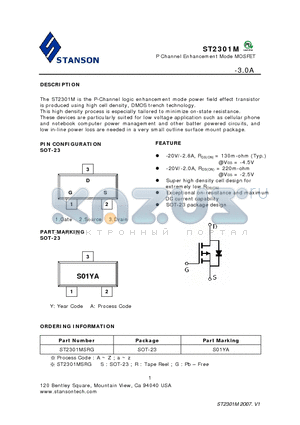 ST2301M datasheet - P Channel Enhancement Mode MOSFET