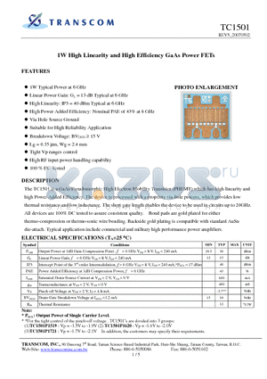 TC1501 datasheet - 1W High Linearity and High Efficiency GaAs Power FETs