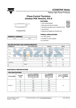 ST230C..C datasheet - Phase Control Thyristors (Hockey PUK Version), 410 A