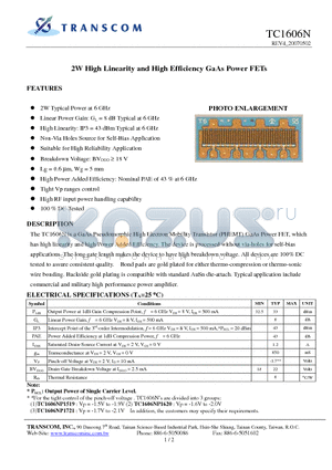 TC1606N datasheet - 2W High Linearity and High Efficiency GaAs Power FETs