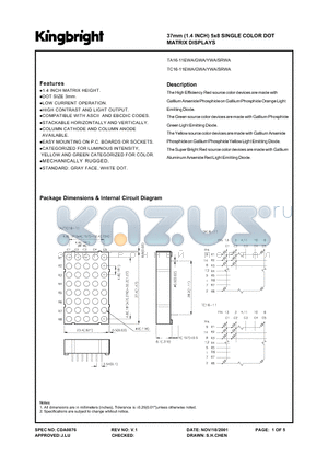 TC16-11EWA datasheet - 37mm (1.4 INCH ) 5 X 8 SINGLE COLOR DOT MATRIX DISPLAYS