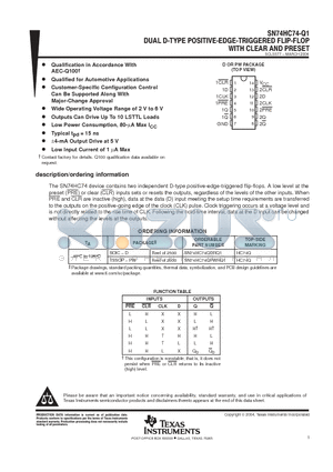 SN74HC74-Q1 datasheet - DUAL D-TYPE POSITIVE-EDGE-TRIGGERED FLIP-FLOP WITH CLEAR AND