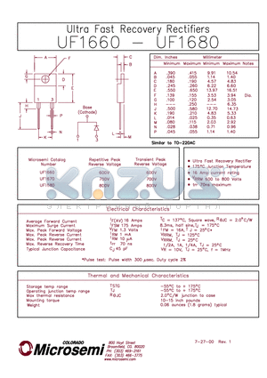 UF1680 datasheet - ULTRA FAST RECOVERY RECTIFIER