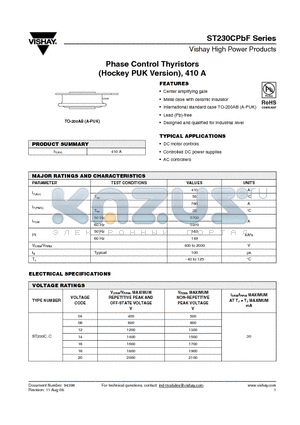 ST230CPBF_12 datasheet - Phase Control Thyristors (Hockey PUK Version), 410 A
