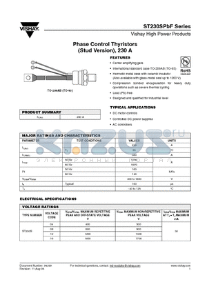 ST230SPBF datasheet - Phase Control Thyristors (Stud Version), 230 A