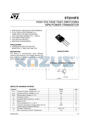 ST2310FX datasheet - HIGH VOLTAGE FAST-SWITCHING NPN POWER TRANSISTOR