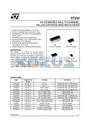 ST232 datasheet - 5V POWERED MULTI-CHANNEL RS-232 DRIVERS AND RECEIVERS