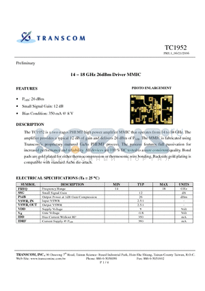 TC1952 datasheet - 14 - 18 GHz 26dBm Driver MMIC