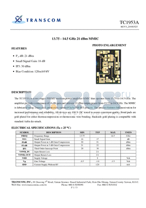 TC1953A datasheet - 13.75 - 14.5 GHz 21 dBm MMIC