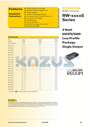 RW-0505S/SMD datasheet - 3 Watt DIP24/SMD Low Profile Package Single Output
