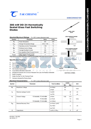 TC1N4148M_10 datasheet - 300 mW DO-34 Hermetically Sealed Glass Fast Switching Diodes