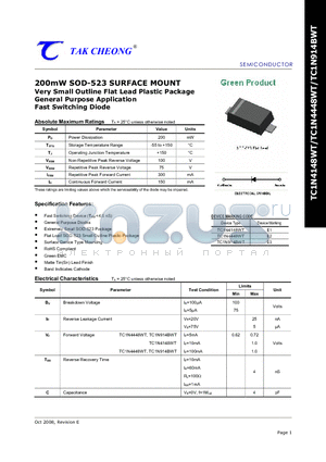 TC1N4148WT datasheet - 200mW SOD-523 SURFACE MOUNT Very Small Outline Flat Lead Plastic Package General Purpose Application Fast Switching Diode