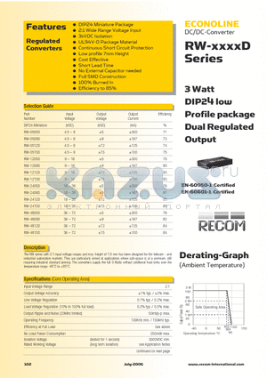 RW-0515D datasheet - 3 Watt DIP24 low Profile package Dual Regulated Output