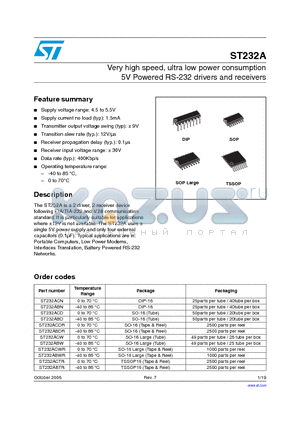 ST232ACW datasheet - Very high speed, ultra low power consumption 5V Powered RS-232 drivers and receivers