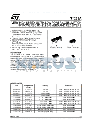 ST232AW datasheet - VERY HIGHSPEED, ULTRA LOWPOWERCONSUMPTION 5V POWERED RS-232 DRIVERS AND RECEIVERS