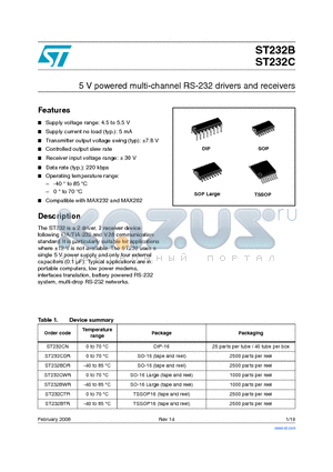ST232BDR datasheet - 5 V powered multi-channel RS-232 drivers and receiversr