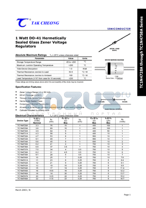 TC1N4728A datasheet - 1 Watt DO-41 Hermetically Sealed Glass Zener Voltage Regulators