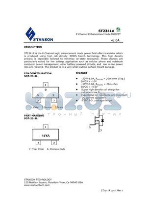 ST2341A datasheet - ST2341A is the P-Channel logic enhancement mode power field effect transistor which is produced using high cell density, DMOS trench technology.