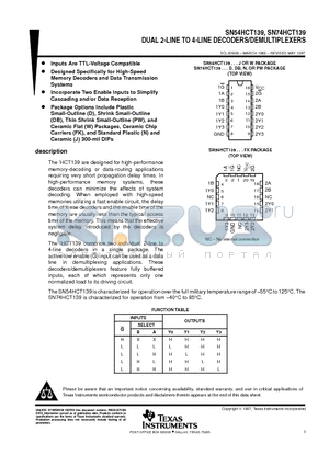 SN74HCT139 datasheet - DUAL 2-LINE TO 4-LINE DECODERS/DEMULTIPLEXERS