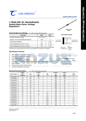 TC1N4750A datasheet - 1 Watt DO-41 Hermetically Sealed Glass Zener Voltage Regulators