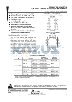 SN74HCT139DR datasheet - DUAL 2-LINE TO 4-LINE DECODERS/DEMULTIPLEXERS