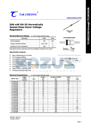 TC1N5224B datasheet - 500 mW DO-35 Hermetically Sealed Glass Zener Voltage Regulators