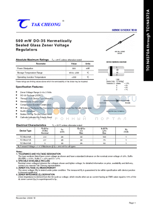 TC1N4371A datasheet - 500 mW DO-35 Hermetically Sealed Glass Zener Voltage Regulators