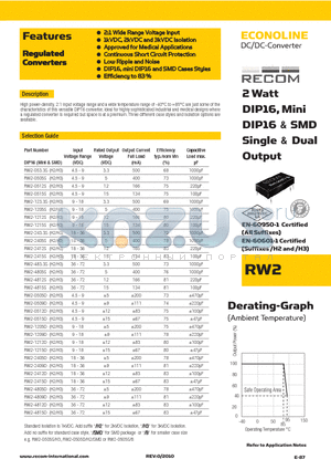 RW2-0505S datasheet - 2 Watt  DIP16,Mini DIP16 & SMD Single & Dual Output