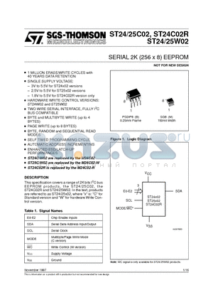 ST24C02 datasheet - SERIAL 2K (256 x 8) EEPROM