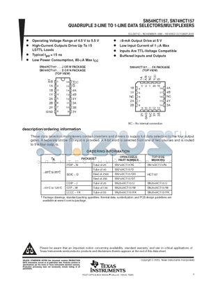 SN74HCT157N datasheet - QUADRUPLE 2-LINE TO 1-LINE DATA SELECTORS/MULTIPLEXERS