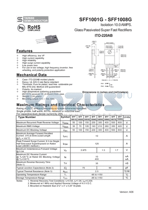 SFF1007G datasheet - Isolation 10.0 AMPS. Glass Passivated Super Fast Rectifiers