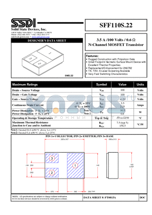 SFF110S.22 datasheet - 3.5 A /100 Volts / 0.6 Y N-Channel MOSFET Transistor