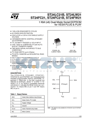 ST24FC21 datasheet - 1 Kbit x8 Dual Mode Serial EEPROM for VESA PLUG & PLAY