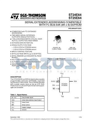 ST24E64EB1TR datasheet - SERIAL EXTENDED ADDRESSING COMPATIBLE WITH I2C BUS 64K (8K x 8) EEPROM