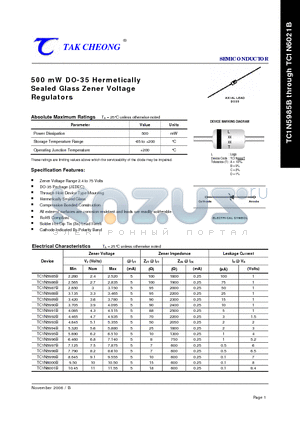 TC1N5999B datasheet - 500 mW DO-35 Hermetically Sealed Glass Zener Voltage Regulators