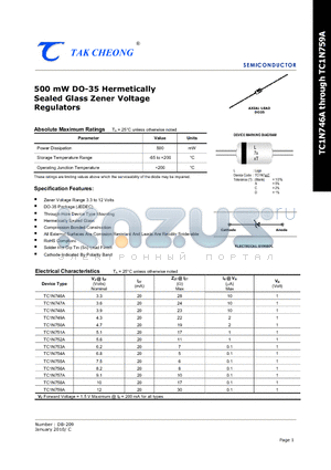 TC1N752A datasheet - 500 mW DO-35 Hermetically Sealed Glass Zener Voltage Regulators